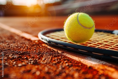 Closeup of a tennis ball and tennis racket on a blurry tennis court background, perfect for sports articles or a sports website