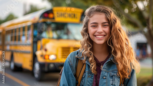 happy highschool girl excited to go back to school, standing by school bus, back to school concept photo