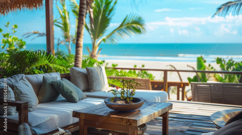 Fototapeta premium Tropical Beachfront Patio with White Couches and a Wooden Table