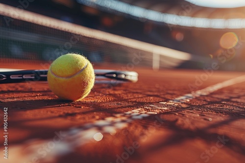 Closeup of a tennis ball and tennis racket on a blurry tennis court background, perfect for sports articles or a sports website