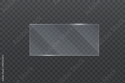 Glass plates isolated on dark background. Transparent panel plates or frames for placing name. Realistic glass transparent background.