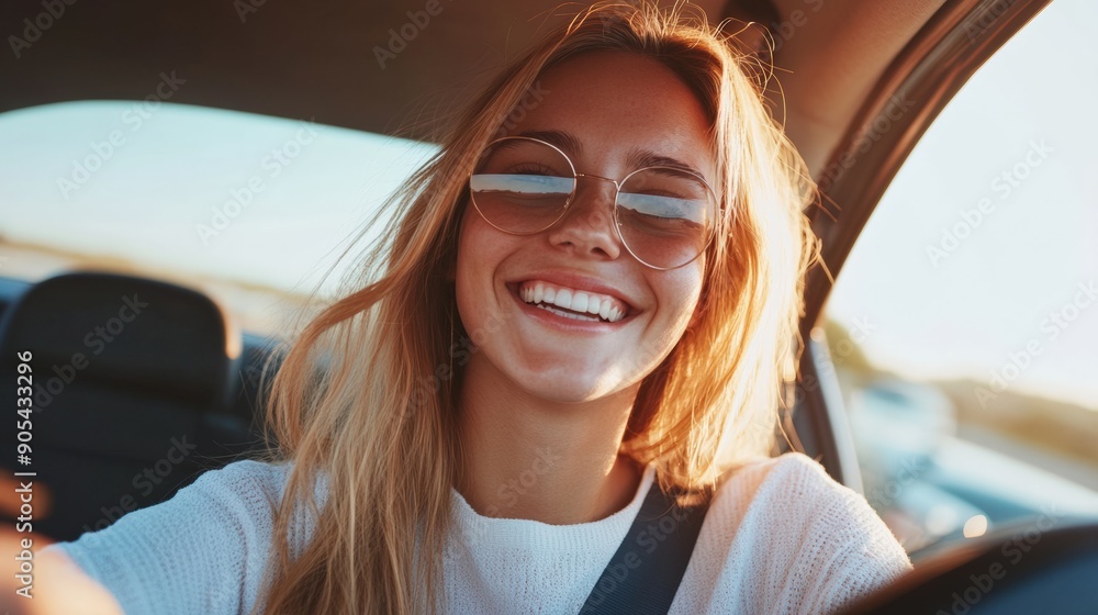 A cheerful young woman enjoys driving, radiating joy and freedom with sunlit hair and stylish sunglasses. A cheerful young woman enjoys driving, radiating joy and freedom with sunlit hair and stylish sunglasses.