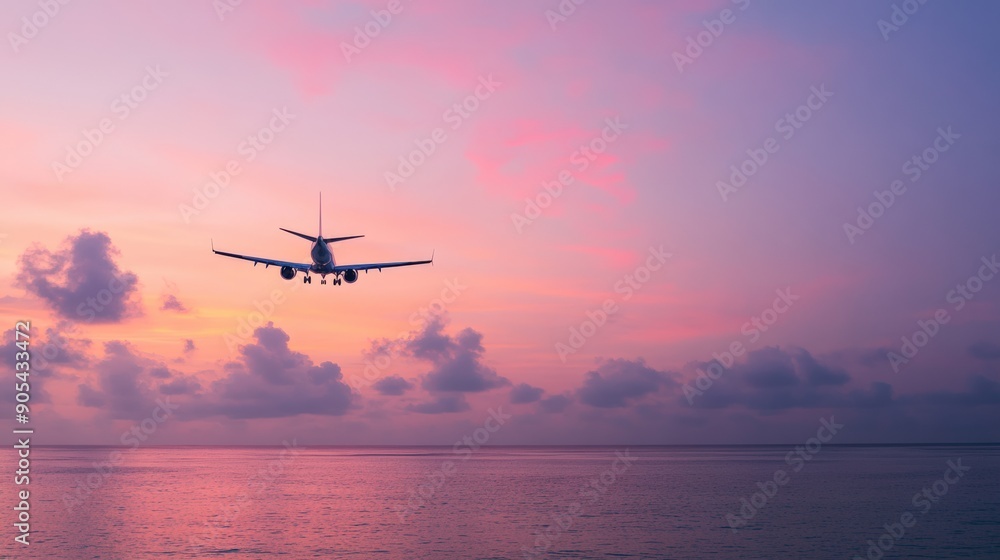 A serene airplane flying over a tranquil ocean during a colorful sunset, creating a beautiful travel destination scene. A serene airplane flying over a tranquil ocean during a colorful sunset, creating a beautiful travel destination scene.