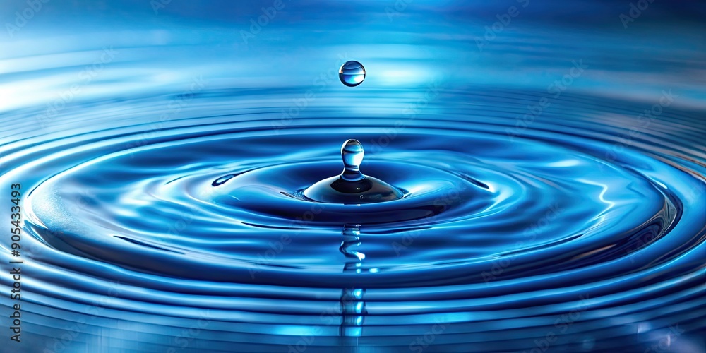 Blue water drop falling down, circles on the water, abstract background for cosmetics, blue, water drop, falling Blue water drop falling down, circles on the water, abstract background for cosmetics, blue, water drop, falling