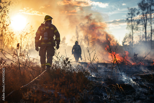 Forest fire. Firefighters extinguish a large forest fire.