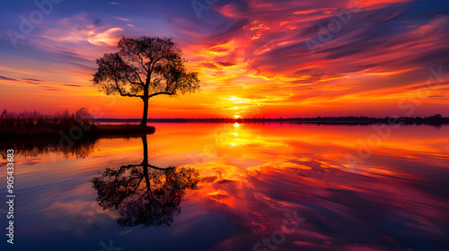 Serene Sunset: Tranquil Lake Reflection with Majestic Tree Silhouette and Vibrant Sky