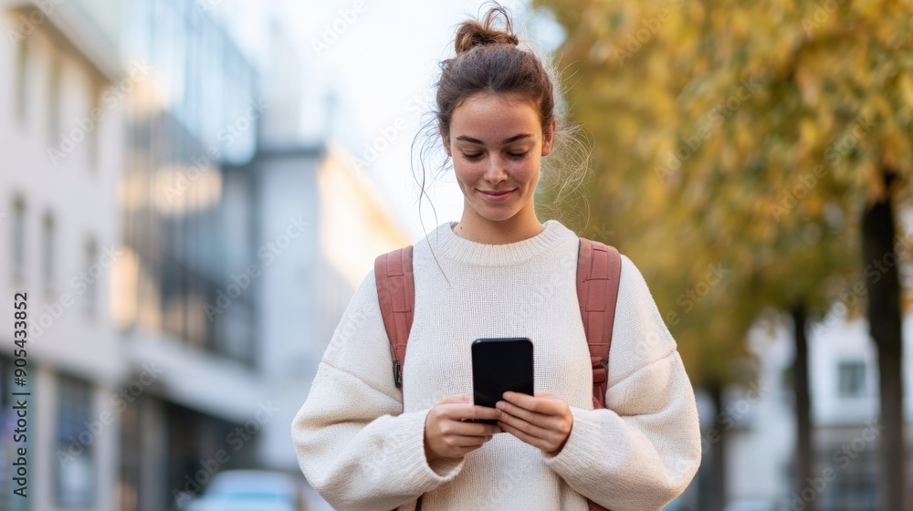 A young woman smiles while checking her smartphone on a city street lined with autumn trees. Perfect for lifestyle and technology themes. A young woman smiles while checking her smartphone on a city street lined with autumn trees. Perfect for lifestyle and technology themes.