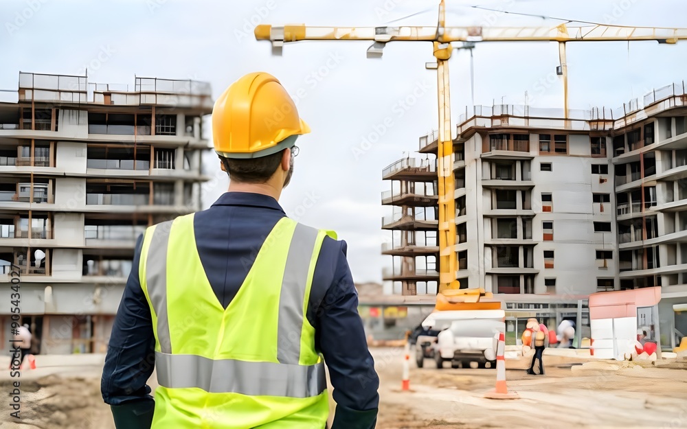 Back View of a Construction Engineer in Standard Safety Gear on a Job Site with a Focus on Safety and Work Procedures Back View of a Construction Engineer in Standard Safety Gear on a Job Site with a Focus on Safety and Work Procedures