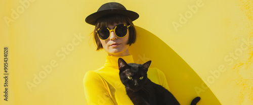 Brunette woman with retro style posing with black cat, cat lady concept, yellow background photo