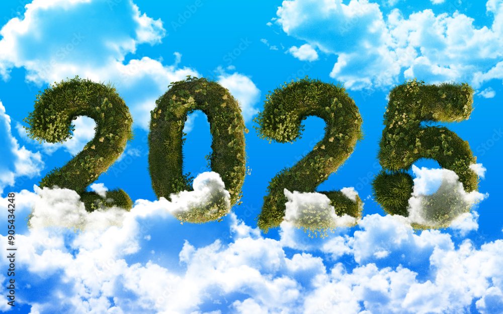 Green Foliage Numbers 2025 with Clouds and Blue Sky. 3D rendering. Green Foliage Numbers 2025 with Clouds and Blue Sky. 3D rendering.