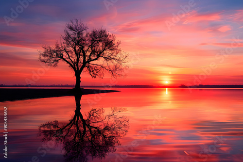 Serene Sunset: Tranquil Lake Reflection with Majestic Tree Silhouette and Vibrant Sky