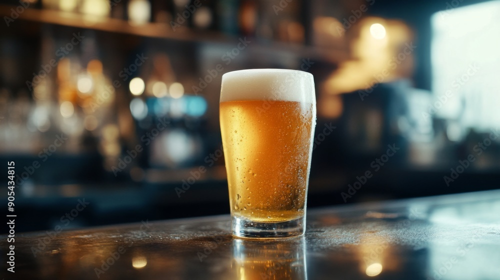Close-up of a frosty pint of beer with golden hues, set on a polished bar counter. Close-up of a frosty pint of beer with golden hues, set on a polished bar counter.