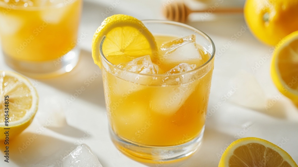 Close-up of a glass of honey lemon juice with lemon slices and ice cubes, set on a white Close-up of a glass of honey lemon juice with lemon slices and ice cubes, set on a white