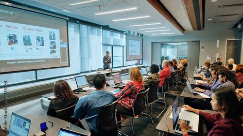 A group of people are sitting in a room with a large screen showing a presentation.