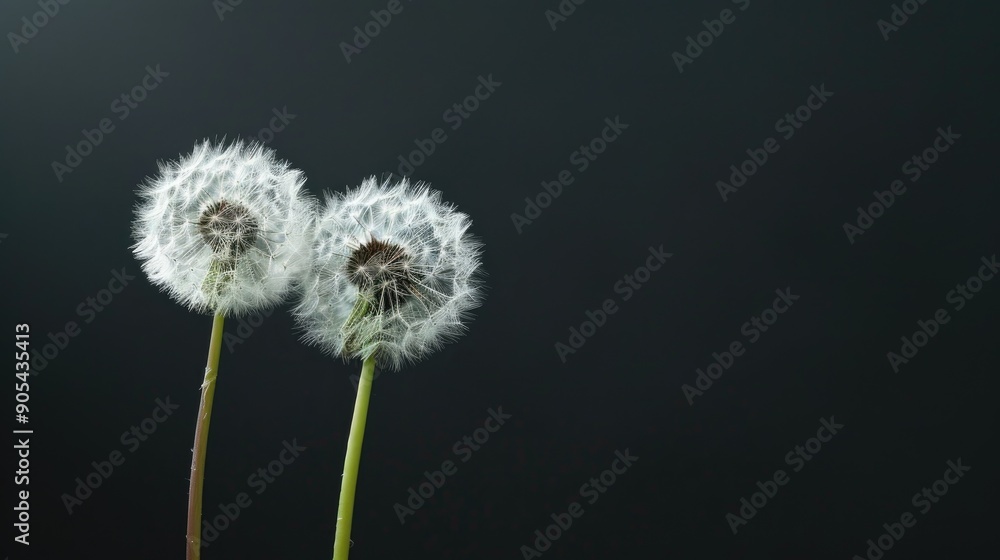 Fototapeta premium Two dandelions against black backdrop with space for text