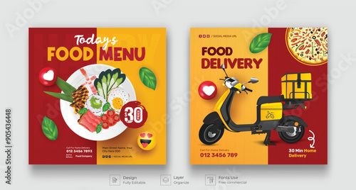 Fast food restaurant business marketing social media post fresh pizza, & vegetable vector or delivery service social media Banner design with scooter delivery service , illustration template.