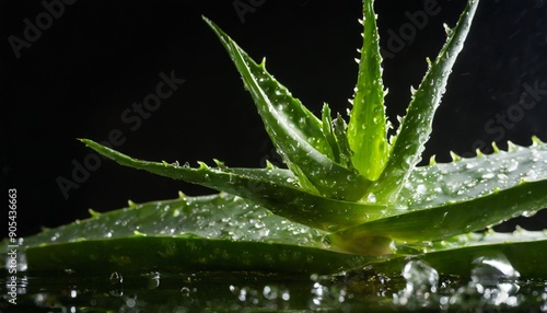 Revitalizing Aloe: Water-Dappled Leaves Against a Dark Backd