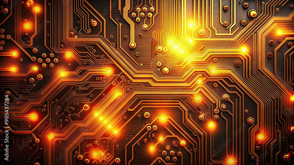 Circuit board with glowing orange lights, technology, electronics, innovation, hardware, motherboard Circuit board with glowing orange lights, technology, electronics, innovation, hardware, motherboard