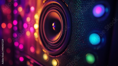 Close-up of a speaker with multicolored LED lights shining brightly.