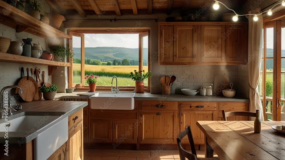 minimalist kitchen interior with amazing view from the window, Seamless looping 4k video animation minimalist kitchen interior with amazing view from the window, Seamless looping 4k video animation