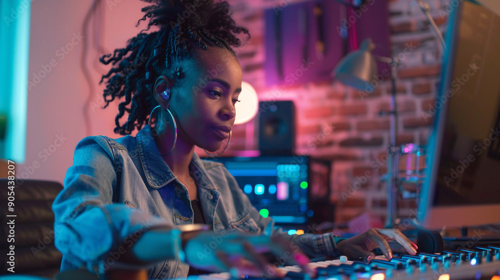 Audio editor at work. African American woman with headphones working with sound on computer Audio editor at work. African American woman with headphones working with sound on computer