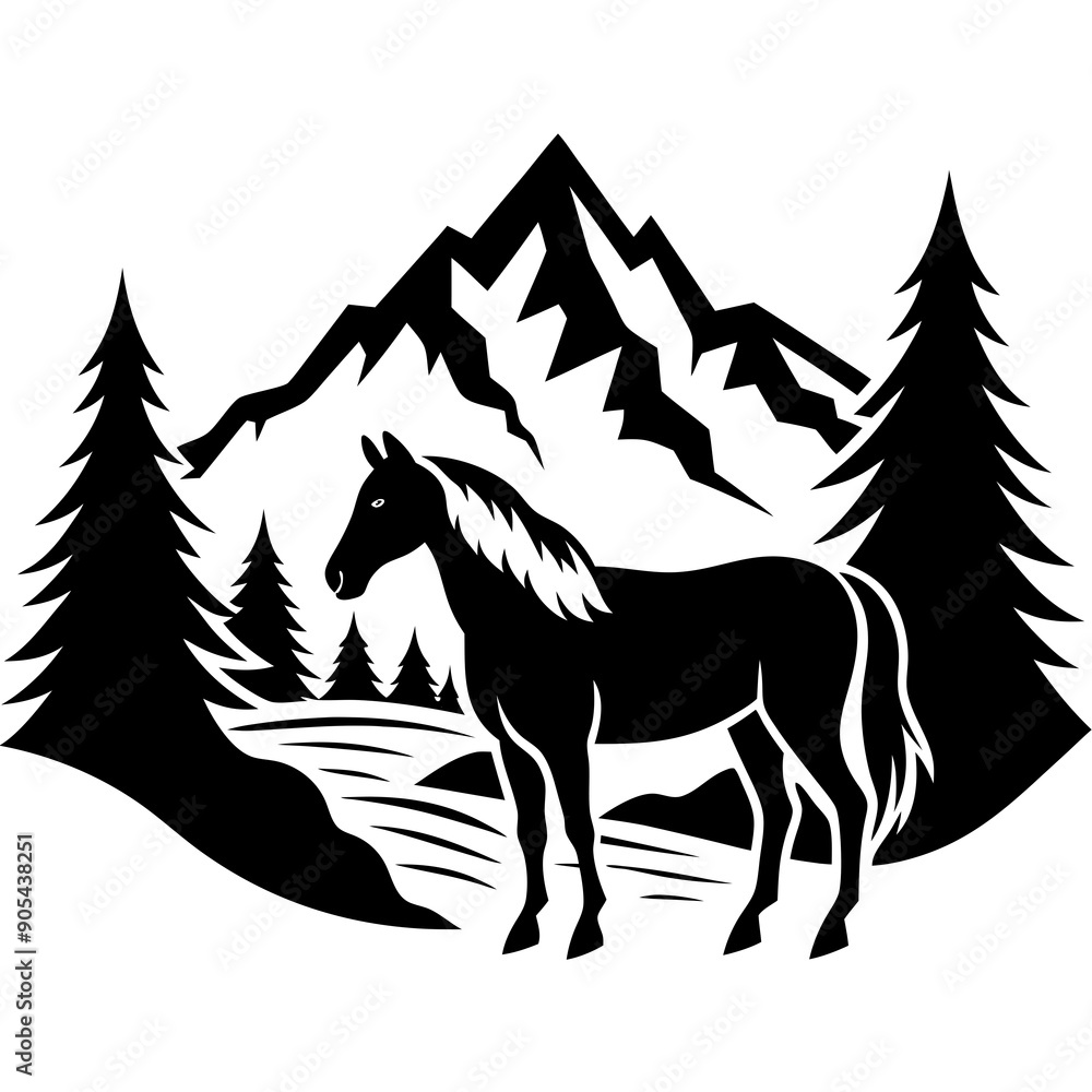 A majestic horse standing by a clear mountain stream in a dense forest, with snow-capped peaks in the background. A majestic horse standing by a clear mountain stream in a dense forest, with snow-capped peaks in the background.
