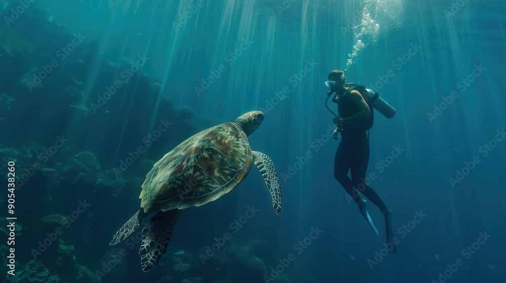 Obraz premium A diver encounters a majestic sea turtle in tranquil waters, showcasing the beauty of marine life and underwater exploration.