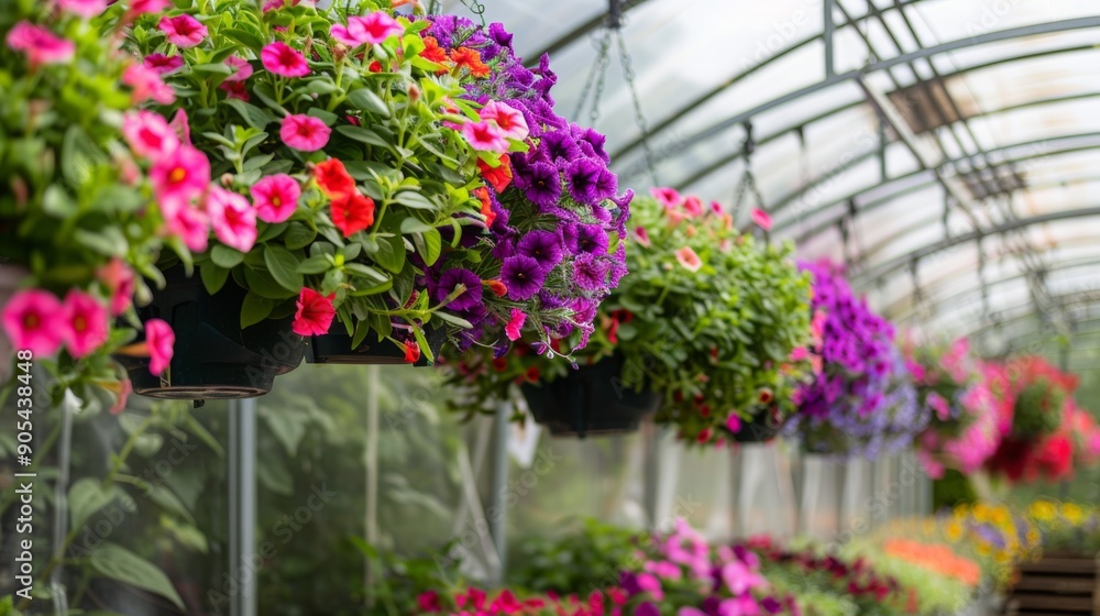 Colorful petunias in hanging baskets create a lively display inside a greenhouse, showcasing spring blooms. Colorful petunias in hanging baskets create a lively display inside a greenhouse, showcasing spring blooms.