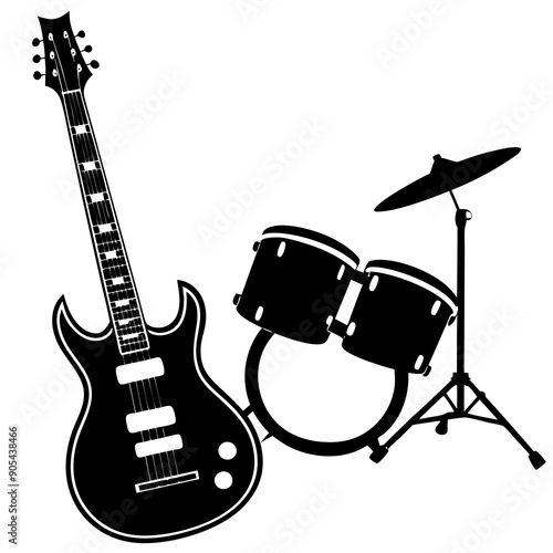 Electric guitar and drums vector silhouette 