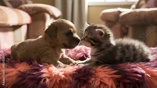 Heartwarming scene featuring a playful baby puppy and a kitten, capturing the joy and cuteness of animal companionship