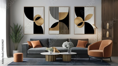 Set of three dynamic mathematical craftsmanship boards with dark and gold tones home decor design