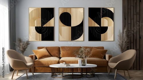 Set of three dynamic mathematical craftsmanship boards with dark and gold tones house interior design