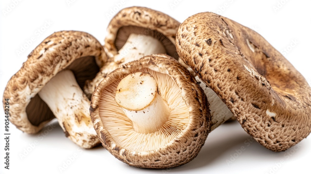 Close-up of Matsutake mushrooms with detailed striations and earthy colors, set on a white background. Close-up of Matsutake mushrooms with detailed striations and earthy colors, set on a white background.