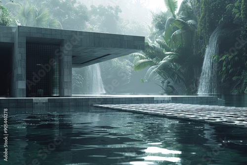 Rustic waterfall cabin hidden in lush forest, a serene retreat for nature enthusiasts