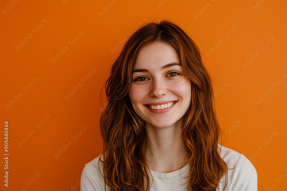 Fototapeta premium smiling European woman in her 30s. orange background 