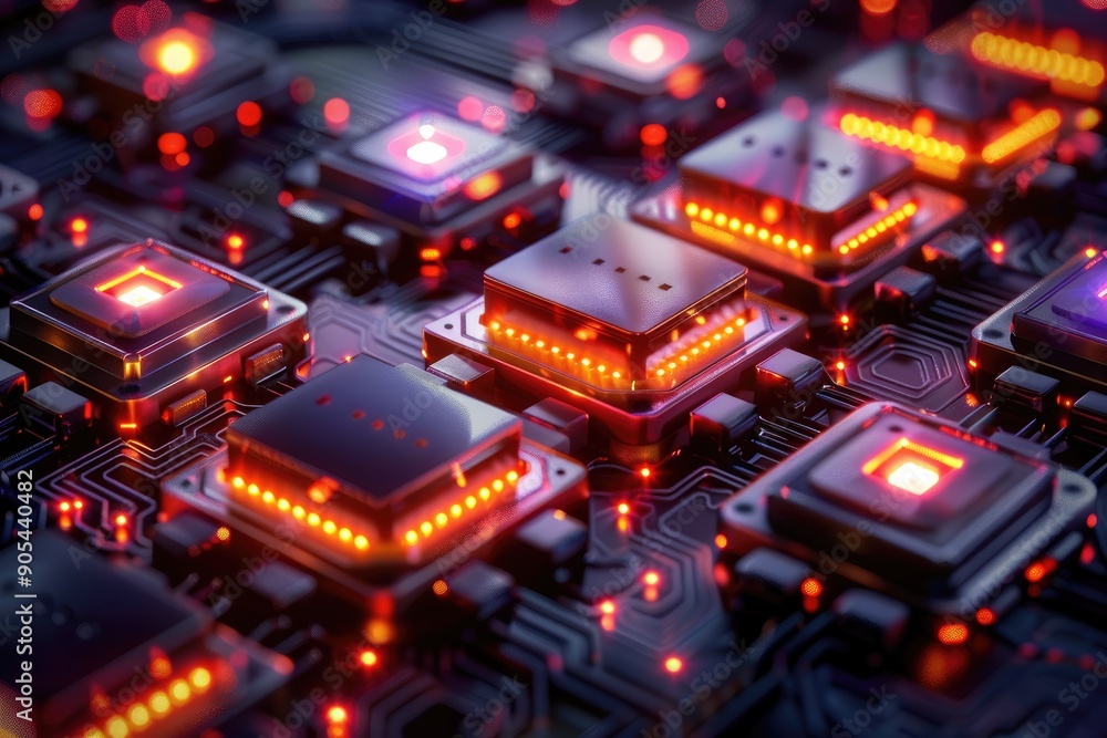 Close-up of glowing microchips on a circuit board Close-up of glowing microchips on a circuit board
