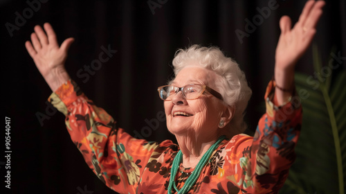 senior happy veteran woman on stage, celebrating, giving speech, people giving honour, confetti
