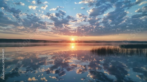 Sunrise Reflection on a Misty Lake