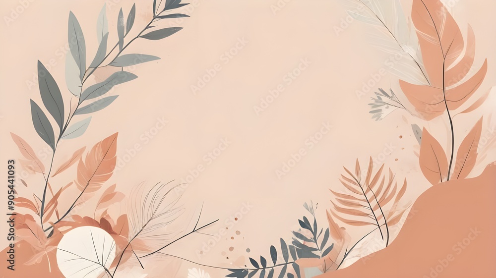 Modern Boho Background, Decorated With Flowers, Shapes And Leaves Modern Boho Background, Decorated With Flowers, Shapes And Leaves