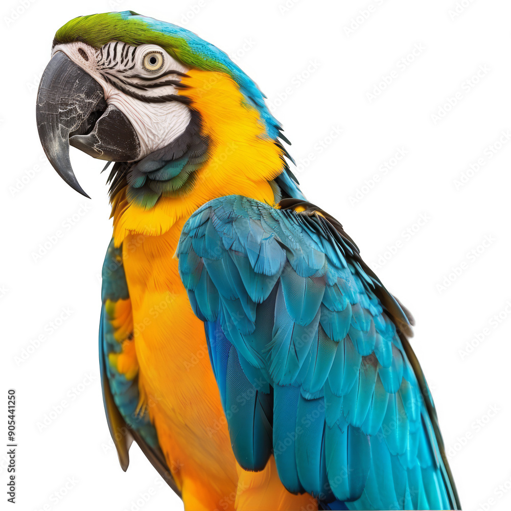 A blue and yellow parrot is standing on a white background A blue and yellow parrot is standing on a white background