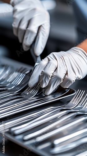 Professional kitchen staff arranging cutlery with precision and care, showcasing hygiene and attention to detail. photo