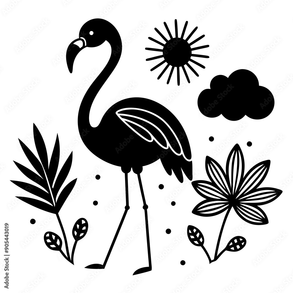 Naklejka premium flamingo con pasto alrededor una flor vector silhouette 