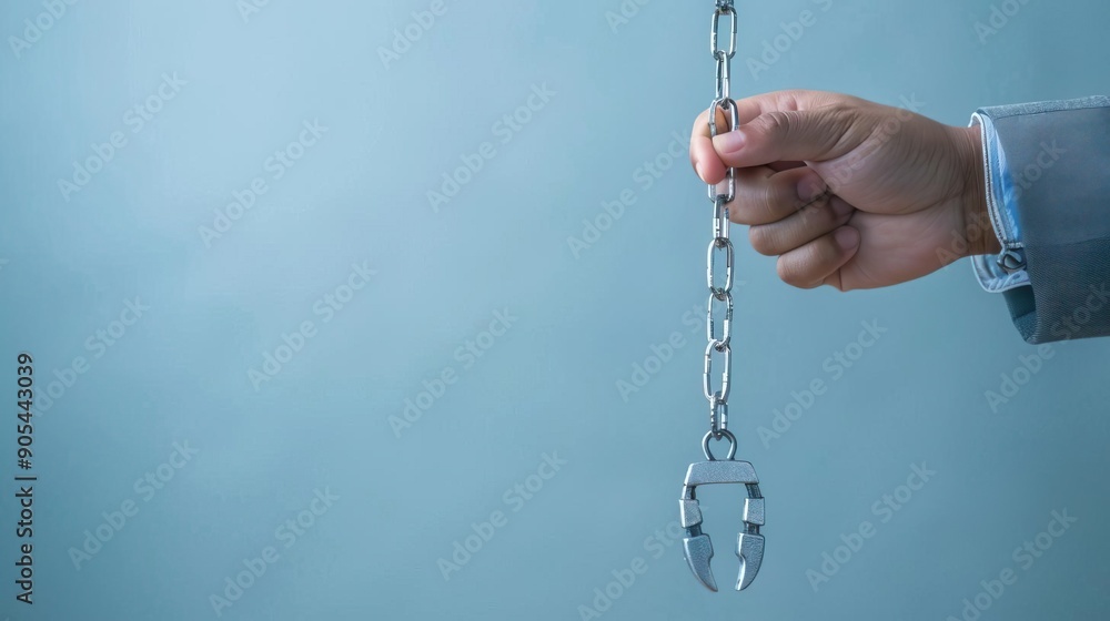 Hand holding a chain with shackles, symbolizing constraint and captivity. Hand holding a chain with shackles, symbolizing constraint and captivity.