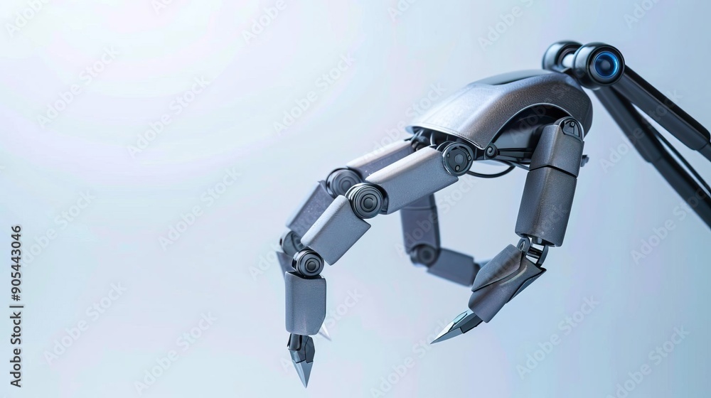 Robot hand holding a pair of scissors against a blue background. Robot hand holding a pair of scissors against a blue background.