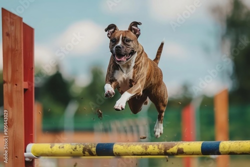 Dog mid air during an agility competition, athleticism and joy in motion photo