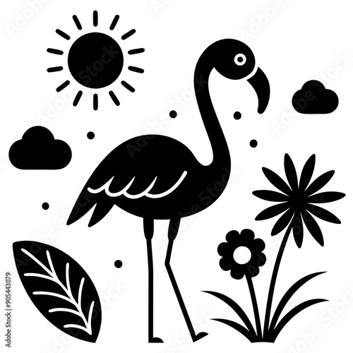 flamingo con pasto alrededor una flor  vector silhouette 