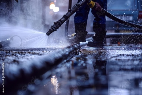 Sewer worker operating a high pressure water jetting machine to clear a blockage