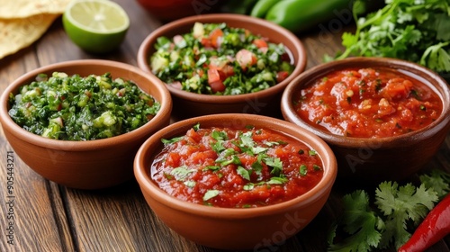 Salsa: Bowls of different types of salsa.