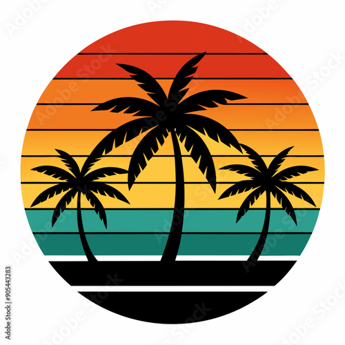 Retro vintage sunset of palm trees striped circle vector illustration on white background