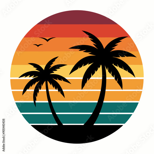 Wallpaper Mural Retro vintage sunset of palm trees striped circle vector illustration on white background Torontodigital.ca